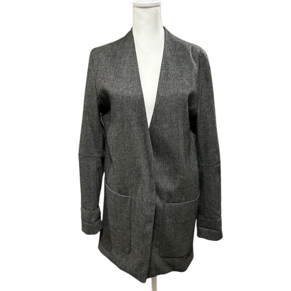 ZARA Woman XS Wool‎ Blend Herringbone Longline Collarless Boyfriend Blazer - Picture 1 of 6